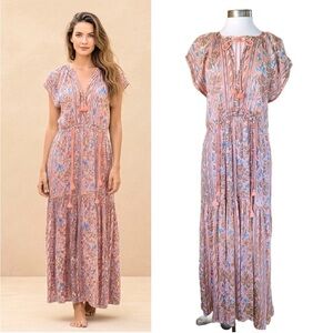 Omika Bohemian Pink Floral Maxi Dress with Tassel Tie